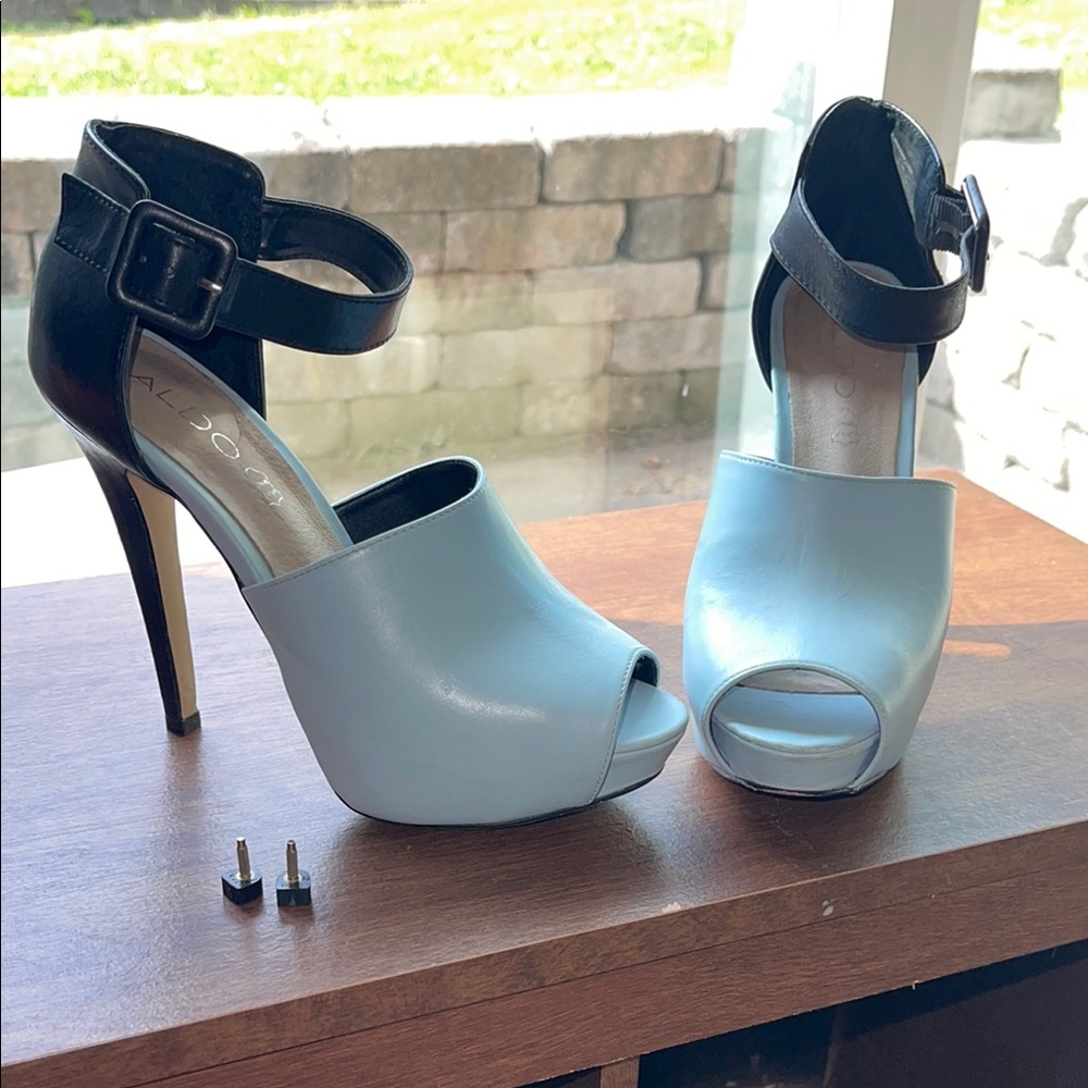 Aldo Black and Light Blue Peep Toe Heels